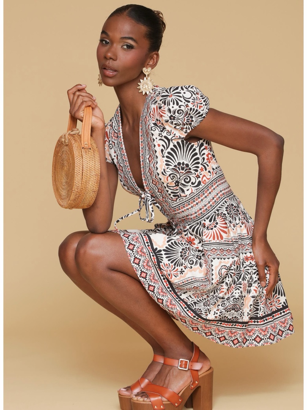 Avec Les Filles Beige and Black Floral Print Mini Dress - Picture 3 of 11